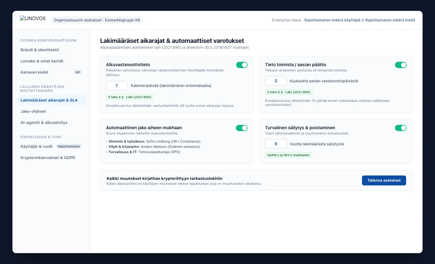 UNOVOXin asetukset, joissa vaihtoehdot kanavan ja ilmoitusten käsittelyyn