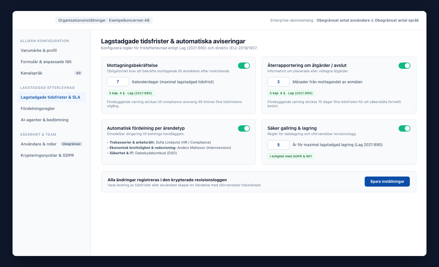 UNOVOX inställningsområde med alternativ för användare, kategorier, avdelningar, frister och språk