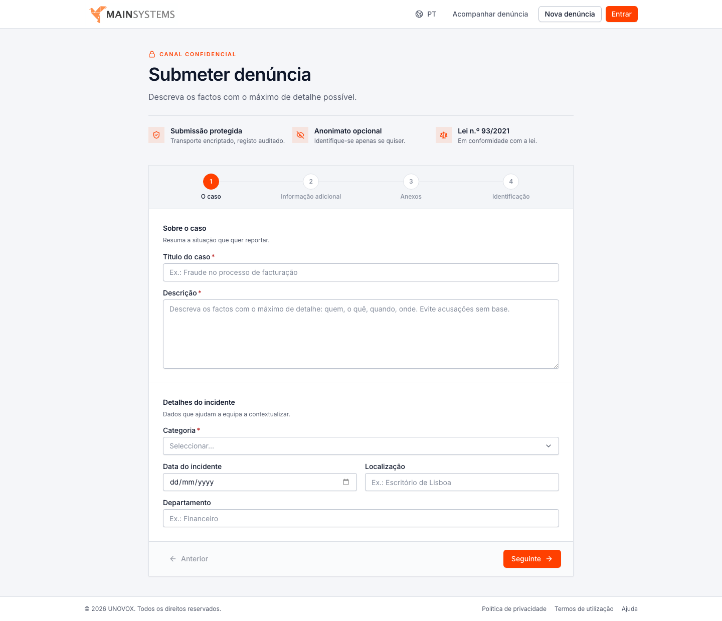 UNOVOX public reporting form with four steps