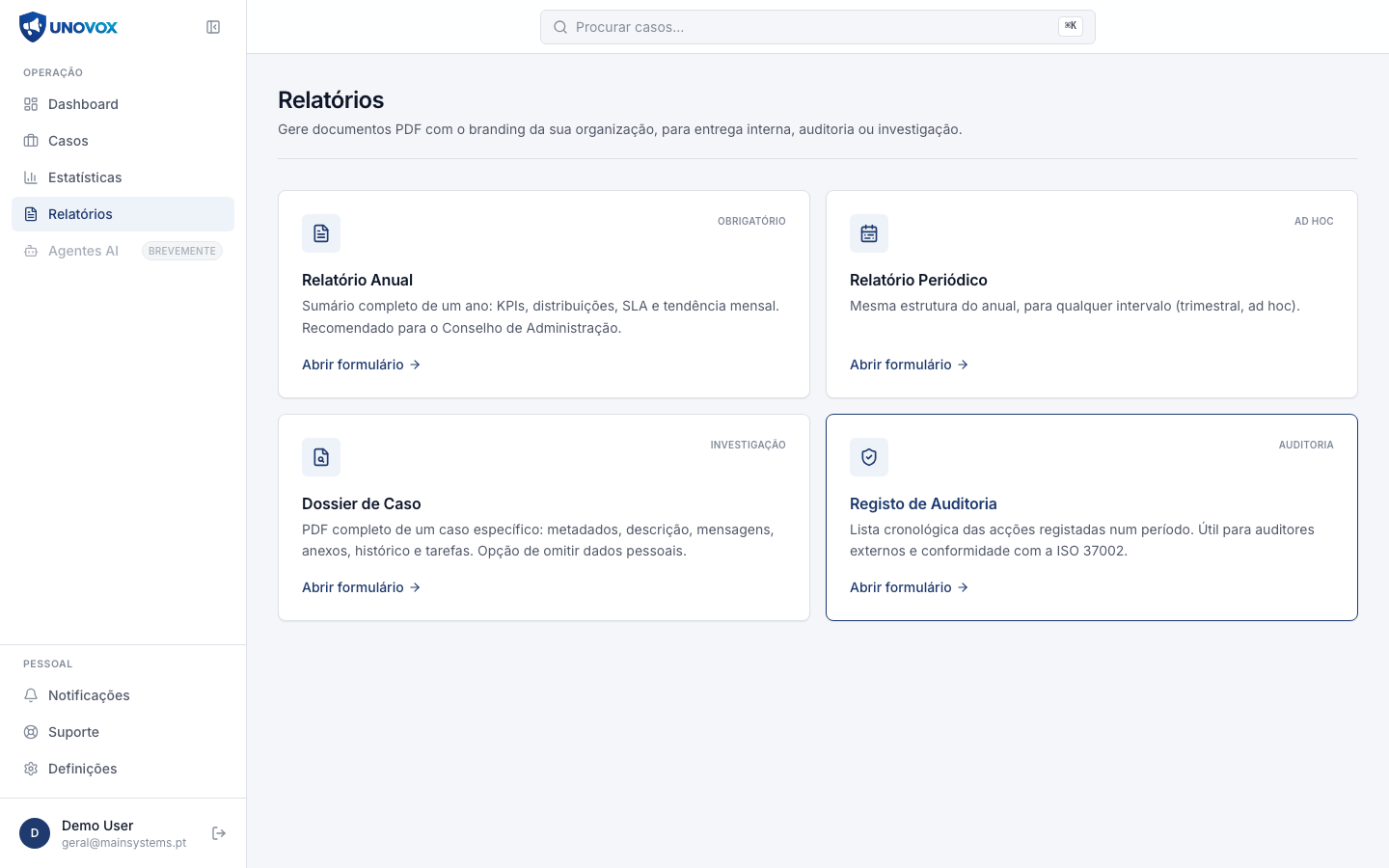 UNOVOX report types including case dossiers and audit records
