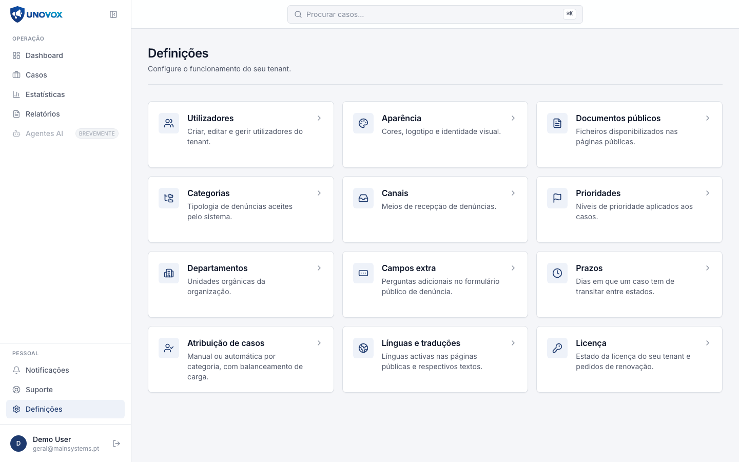 UNOVOX settings for departments, categories, deadlines and case assignment